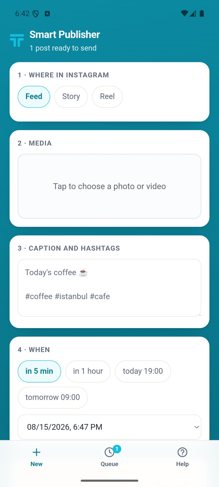 الخطوة ١ — اختيار Feed أو Story أو Reel واختيار الصورة المراد نشرها
